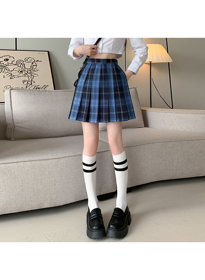 Japanese Style Blue Plaid Pleated Skirt Light blue