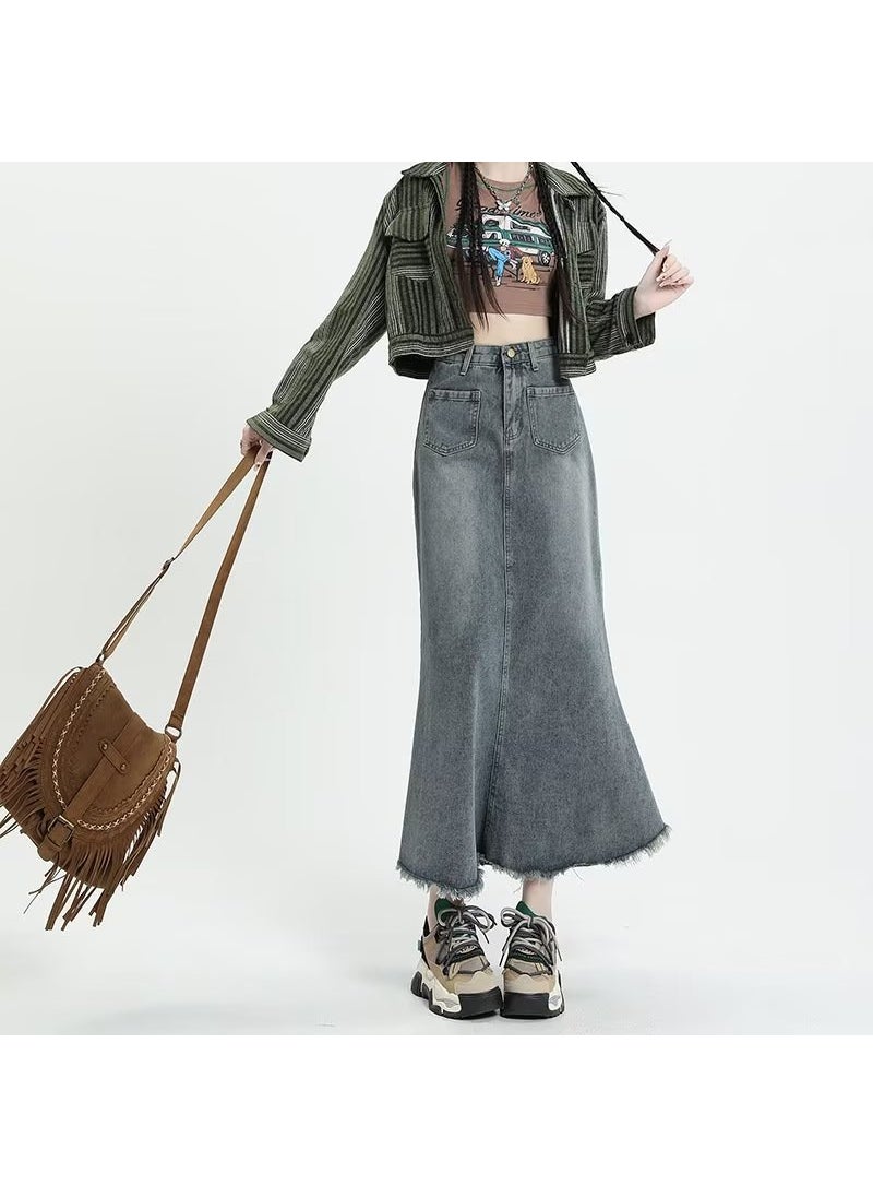 Vintage American Denim Midi Skirt Women Autumn Winter Blue