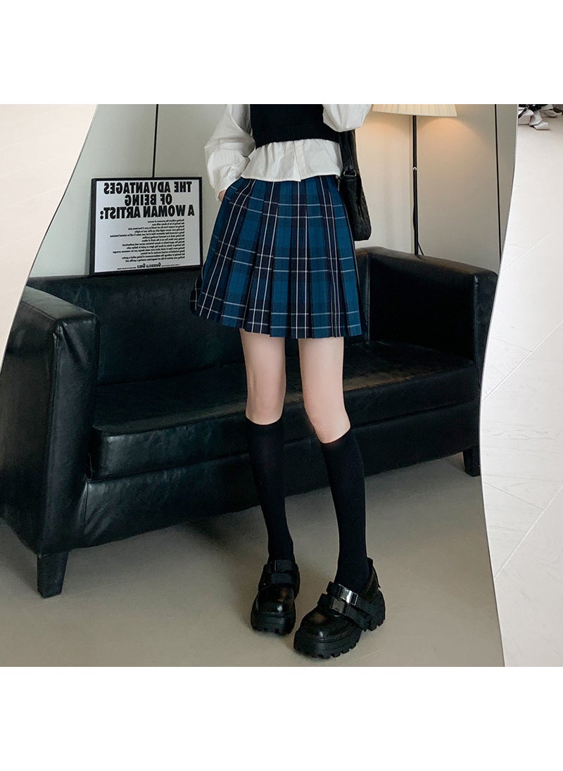 Japanese Style Blue Plaid Pleated Skirt Dark blue