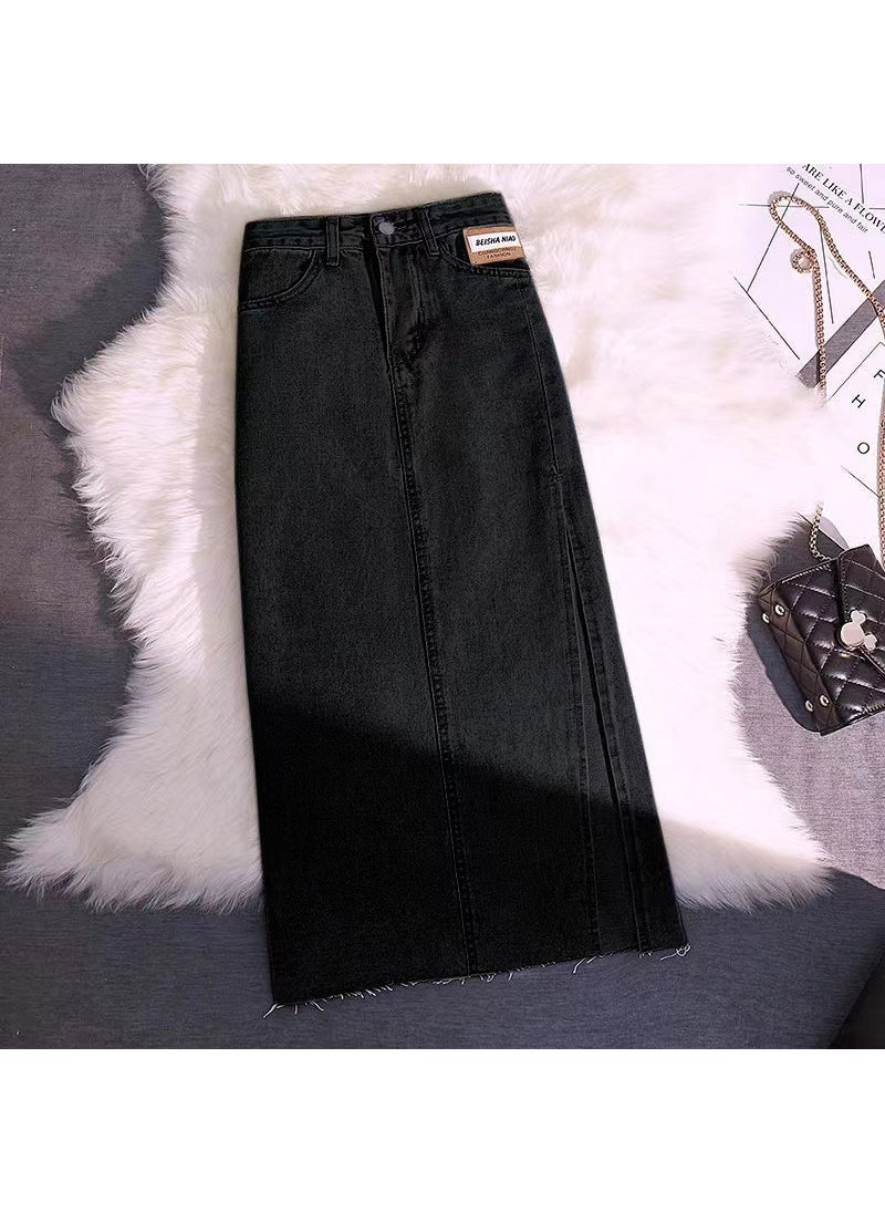 2023 High Waist Midi A-line Denim Skirt Black