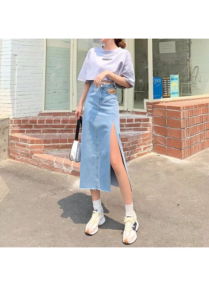 Blue High-Waist Slim A-Line Denim Midi Skirt Blue