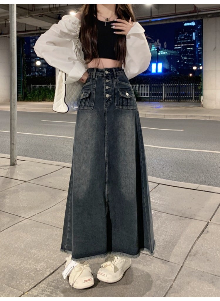 Plus Size High Waist Denim Skirt for Women Autumn Blue and Gray