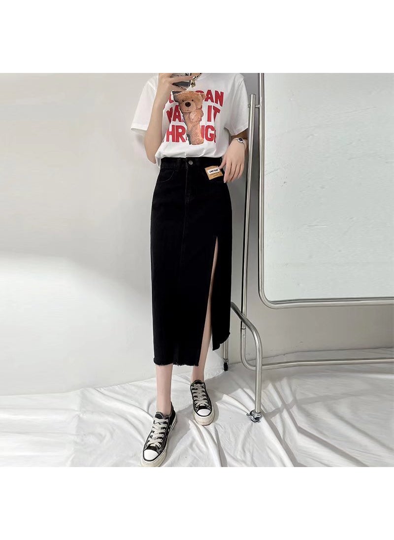 Blue High-Waist Slim A-Line Denim Midi Skirt Black