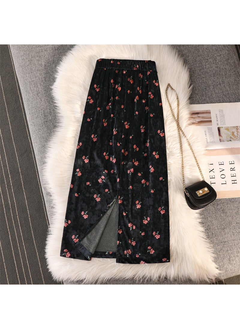 Autumn Retro French Velvet Floral Mermaid Maxi Skirt Brown