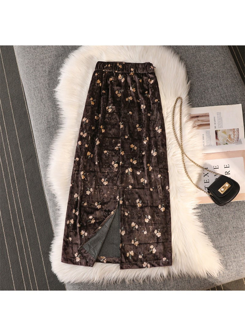 Autumn Retro French Velvet Floral Mermaid Maxi Skirt Brown