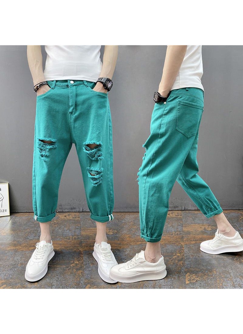 2023 Mens Ripped Skinny Jeans Korean Fashion Green