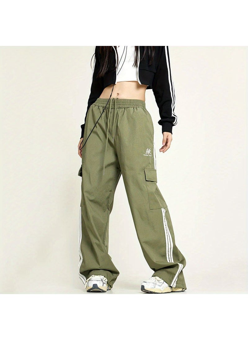 Unisex Retro Stripe Sports Sweatpants Loose Fit Green