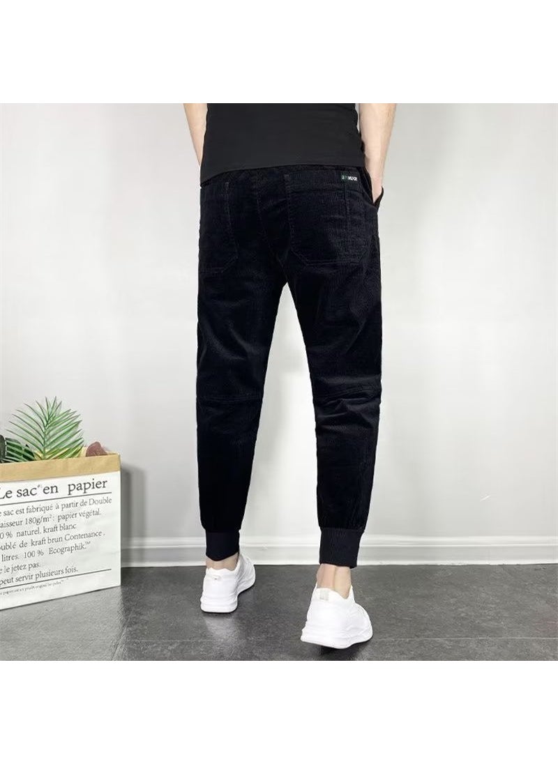 2023 Casual Mens Slim Corduroy Joggers Solid Trendy Black