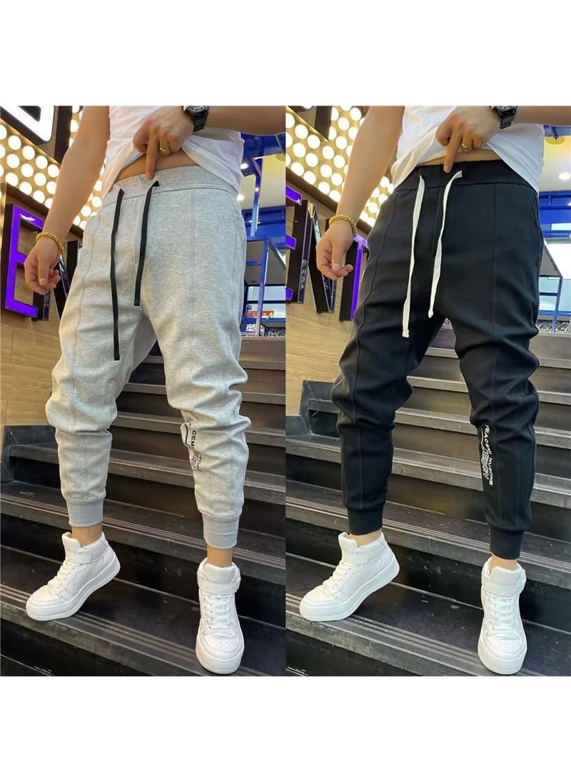 Mens Black Slim Fit Joggers Nine Points Drawstring Light gray