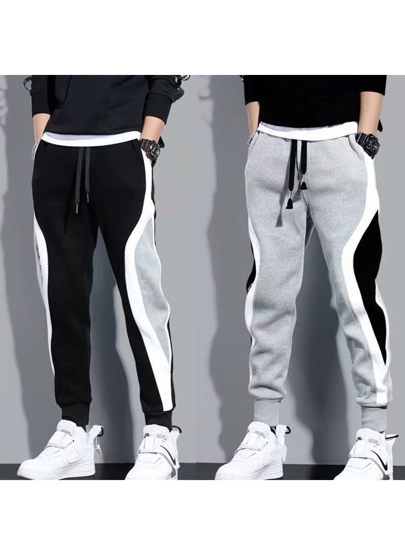 Mens Striped Patchwork Joggers Spring Summer Casual Gray.