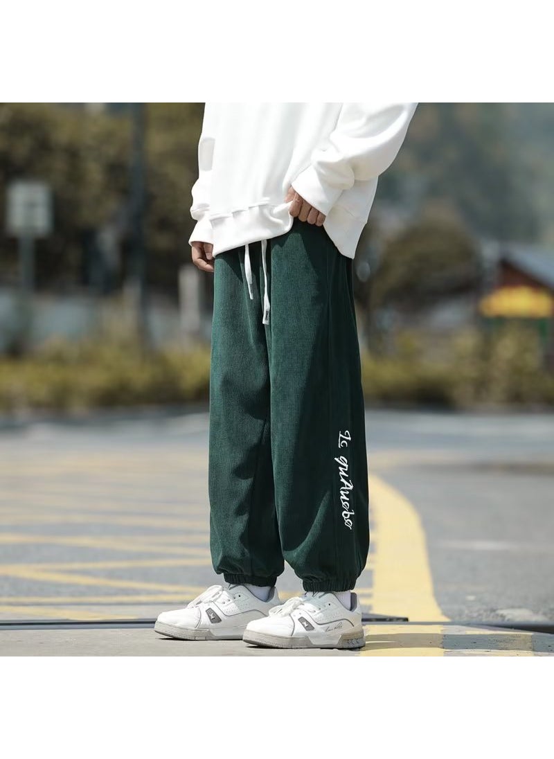 Casual Embroidered Letter Joggers Unisex Green