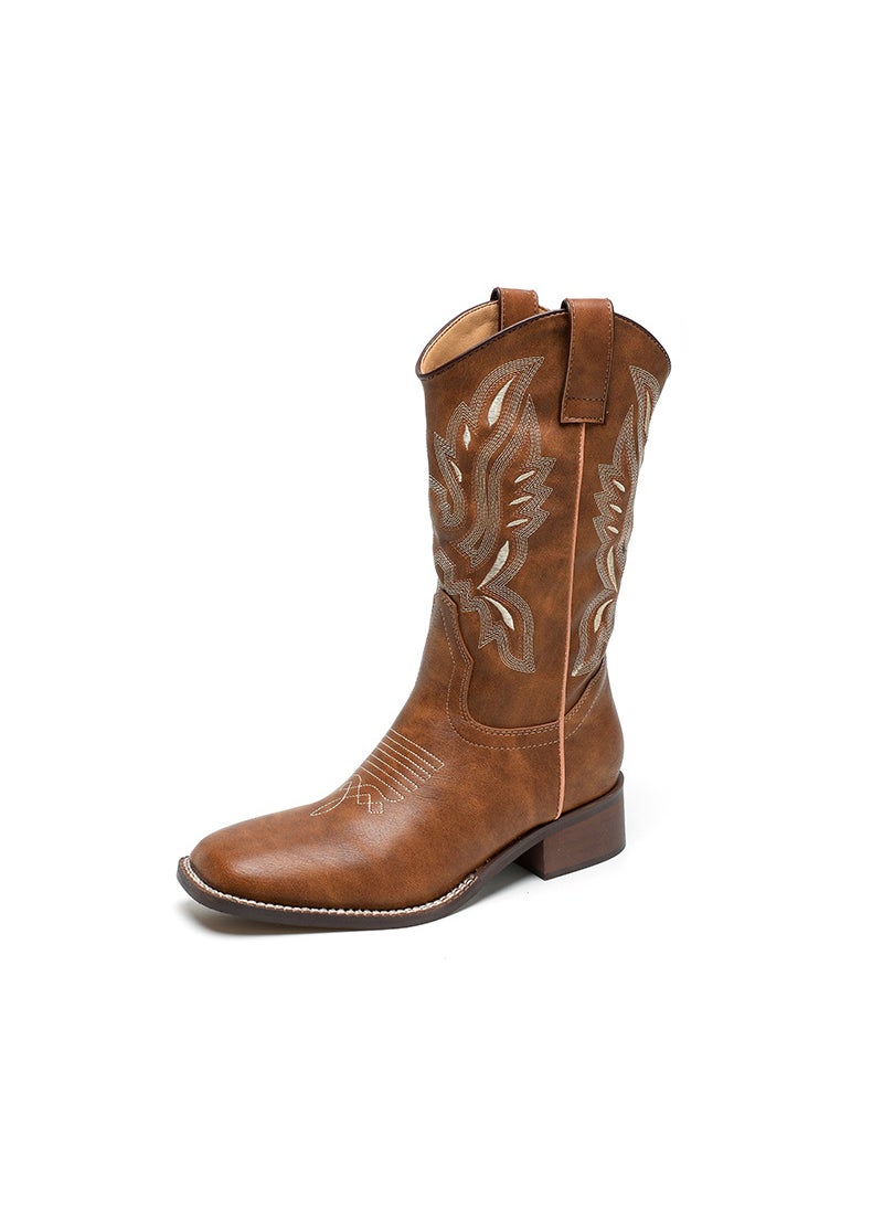 2022 Vintage V-cut Cowboy Boots Low Heel Embroidered Light brown