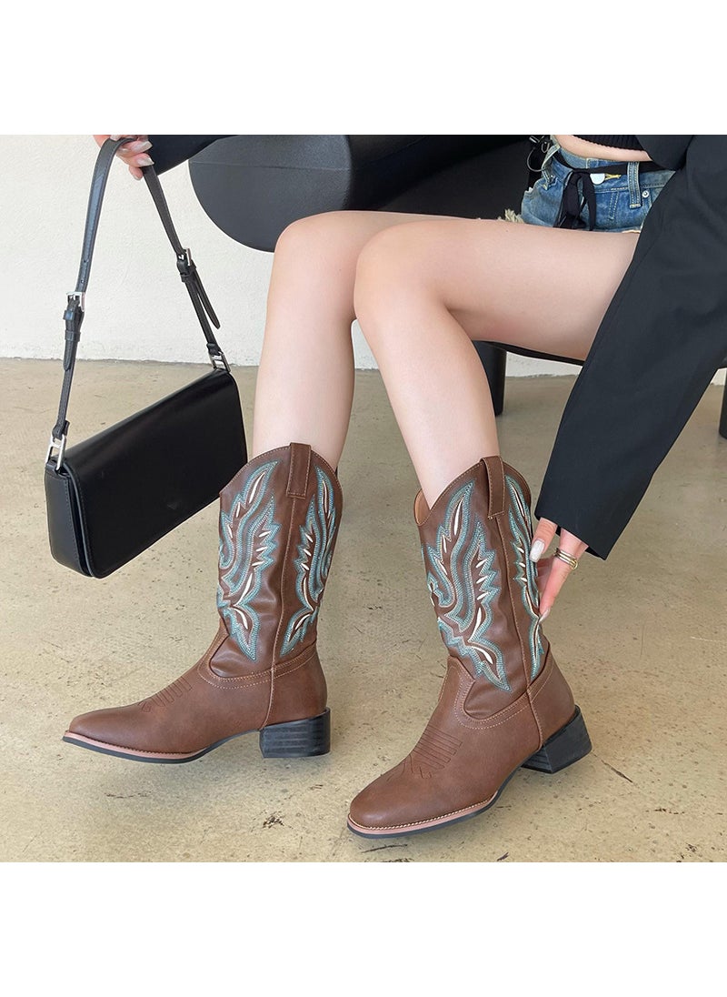 2022 Vintage V-cut Cowboy Boots Low Heel Embroidered Coffee