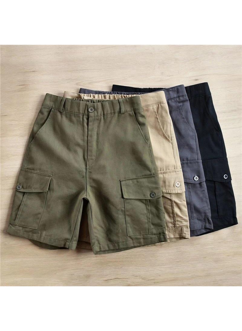 Retro Japanese Mens Cargo Shorts Casual Summer Solid Color Khaki