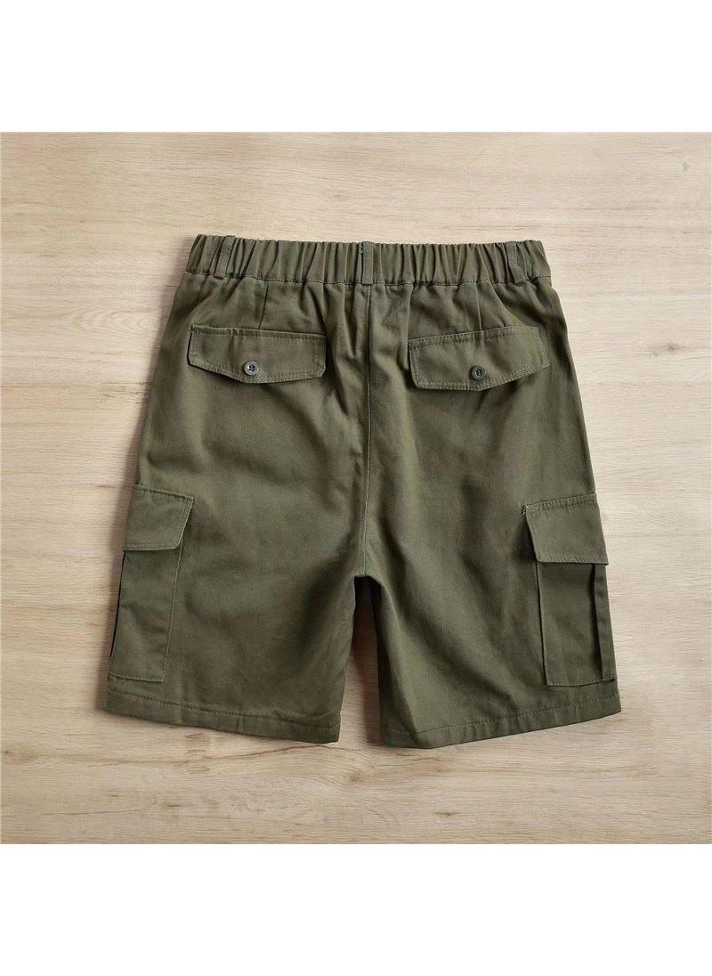 Retro Japanese Mens Cargo Shorts Casual Summer Solid Color Khaki