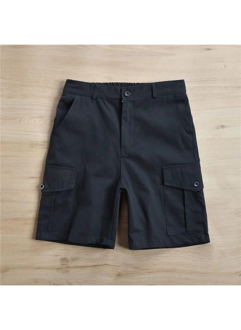 Retro Japanese Mens Cargo Shorts Casual Summer Solid Color Khaki