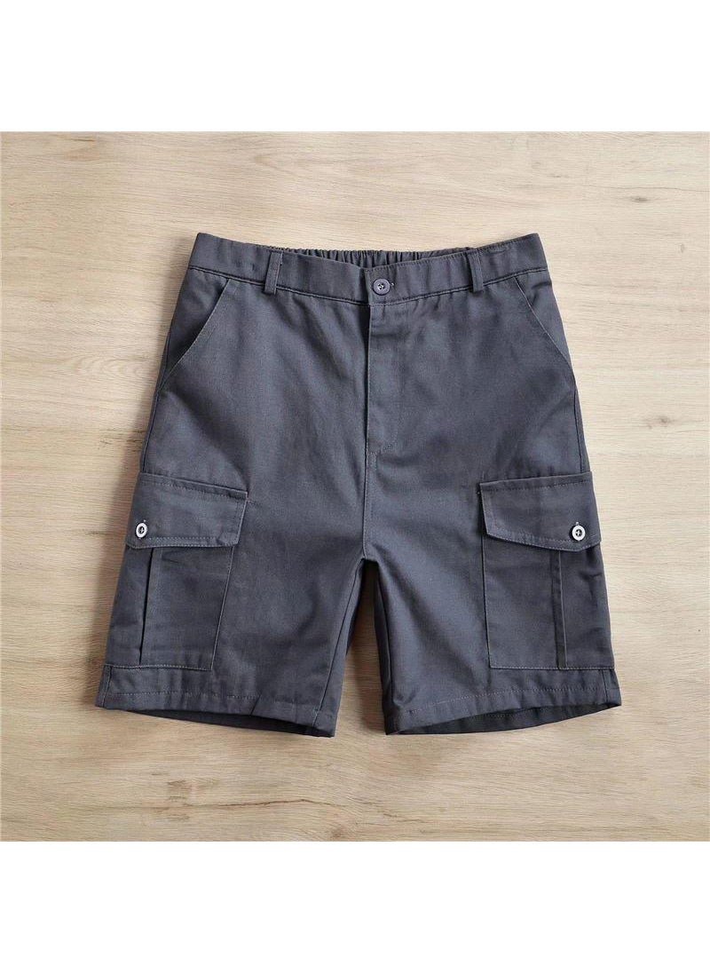 Retro Japanese Mens Cargo Shorts Casual Summer Solid Color Khaki