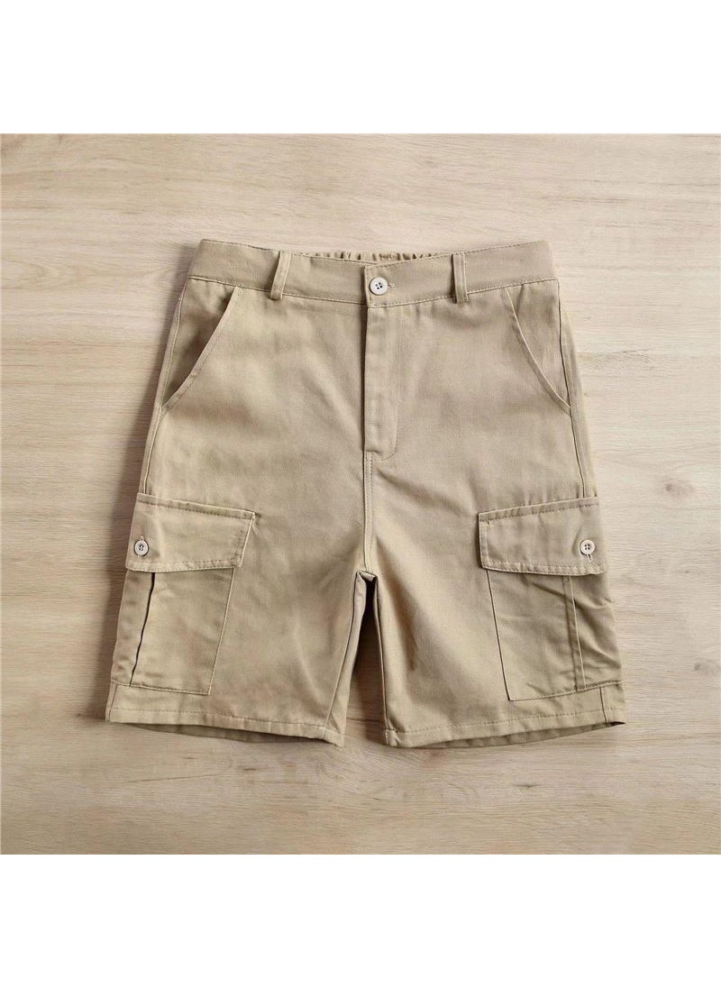 Retro Japanese Mens Cargo Shorts Casual Summer Solid Color Khaki