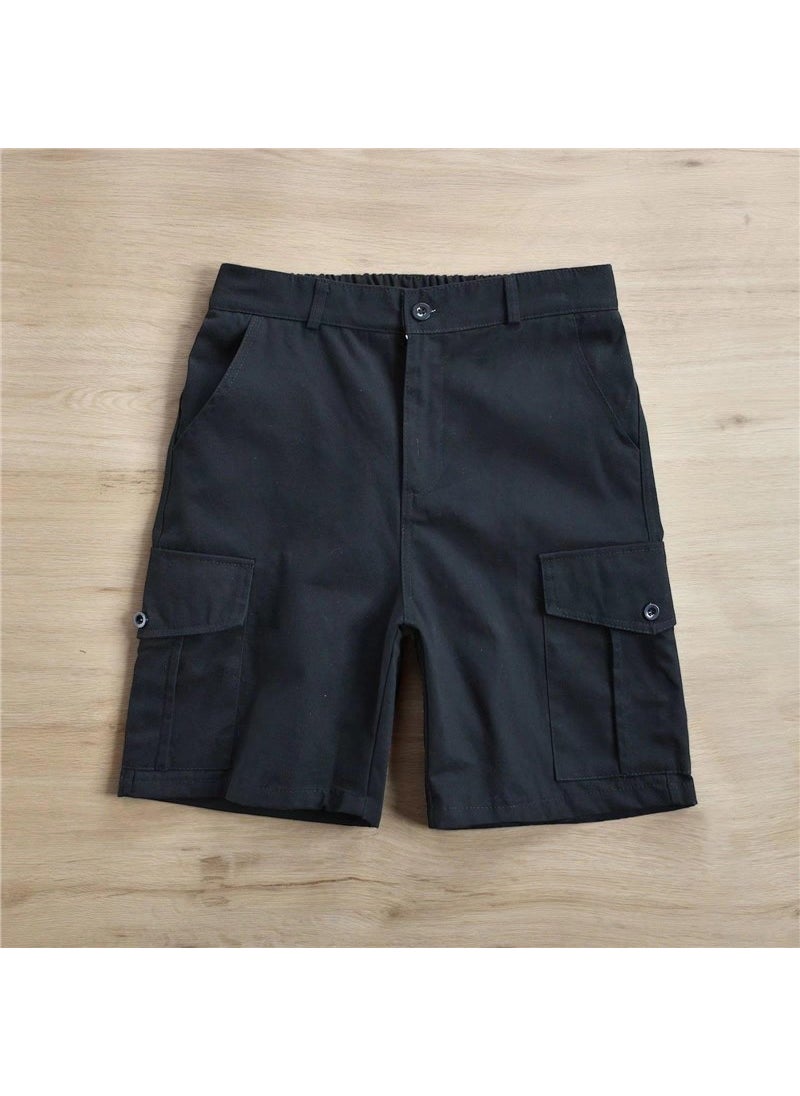 Retro Japanese Mens Cargo Shorts Casual Summer Solid Color Black