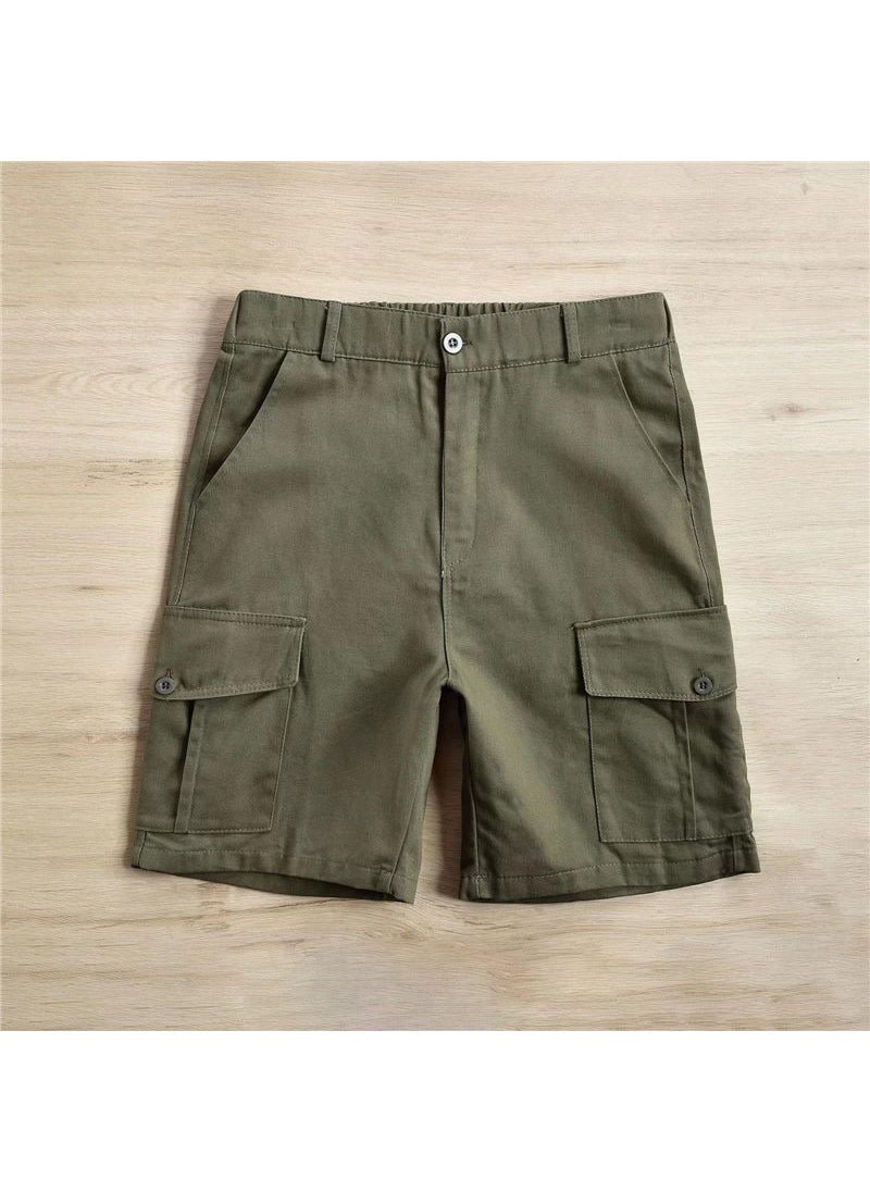 Retro Japanese Mens Cargo Shorts Casual Summer Solid Color Green