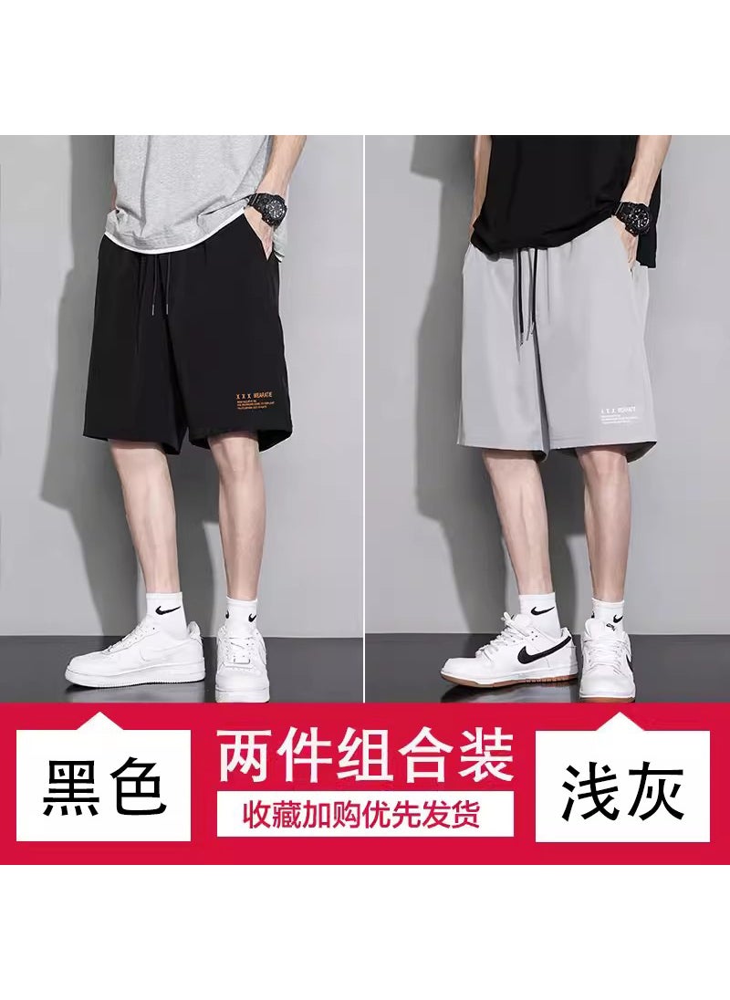 Mens Summer Ice Silk Basketball Shorts Black + light gray [two pieces]]