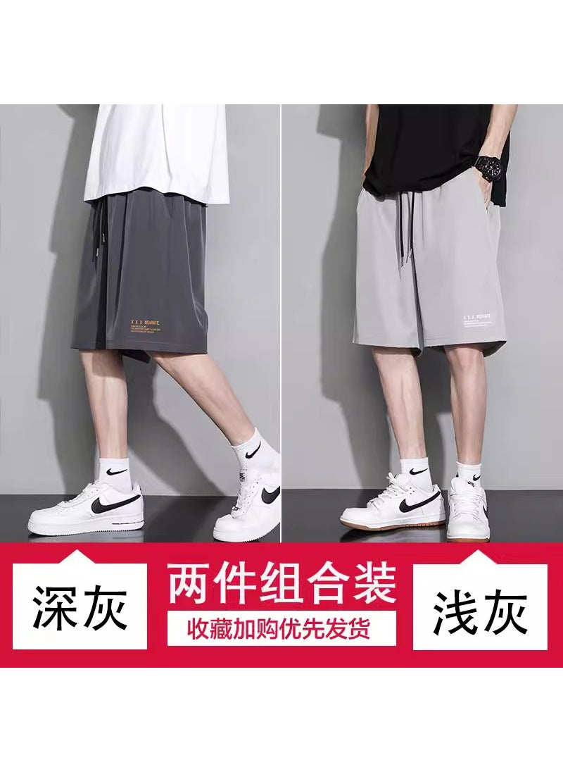 Mens Summer Ice Silk Basketball Shorts Dark Grey + Light Grey [Two Pack]]