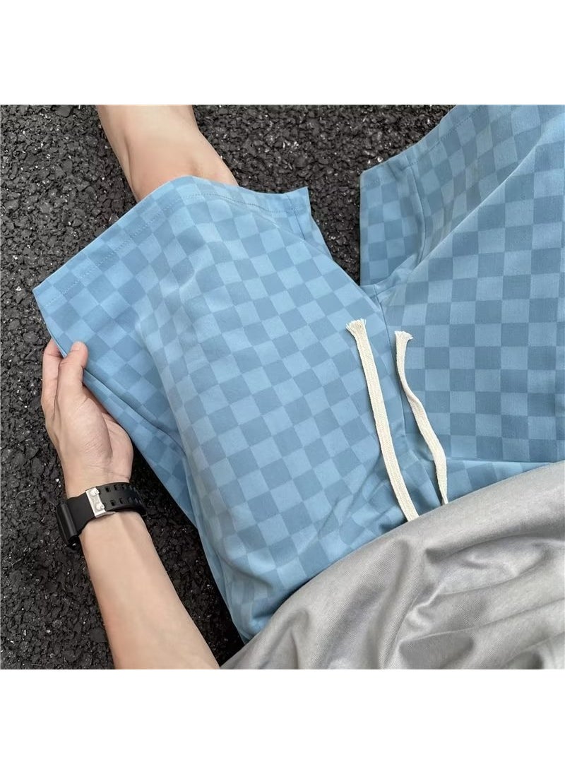 Fashionable Plaid Loose Mens Shorts Blue