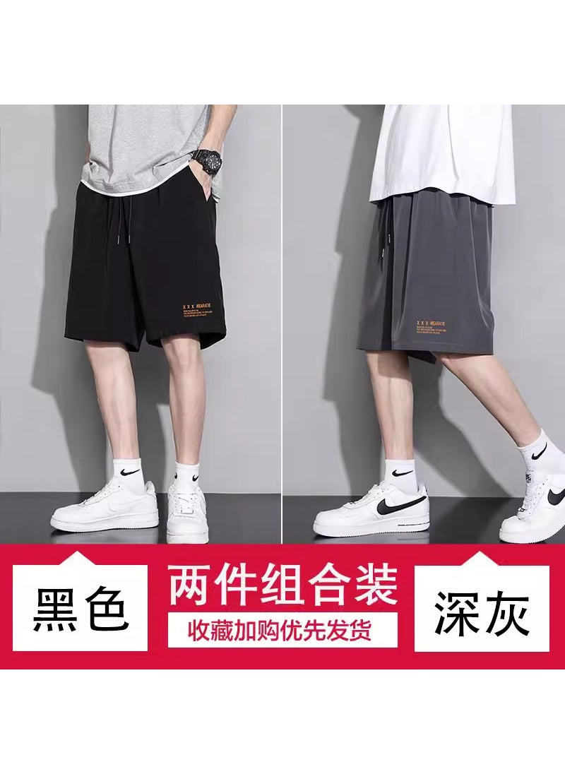 Mens Summer Ice Silk Basketball Shorts Black + dark gray [two pieces]]