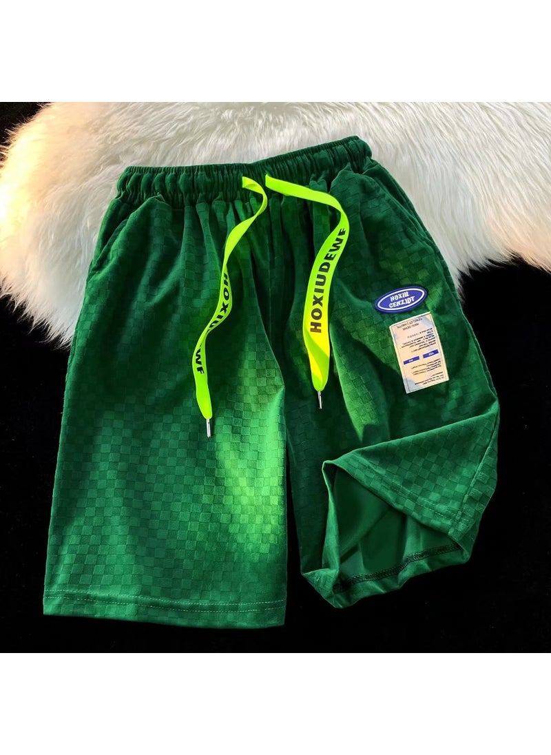 Summer Thin Ice Silk Plaid Shorts Men Retro Hip-Hop Green