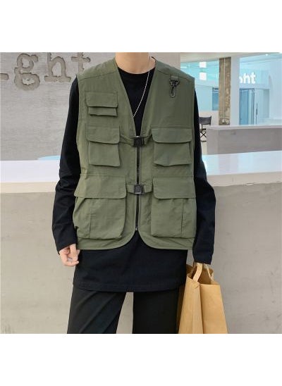 Fashion Retro Vest Mens Streetwear BF Style Waistcoat Army Green