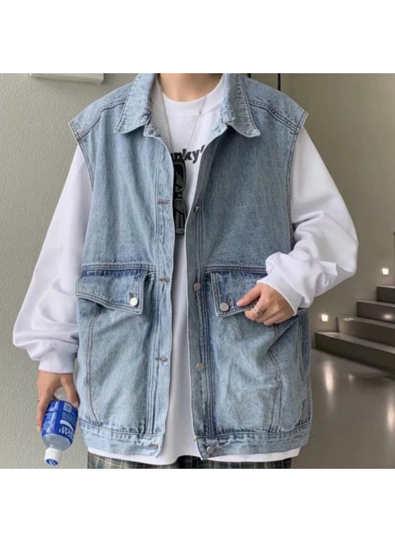 Mens Denim Jacket Vest Korean Casual Sleeveless Waistcoat Blue