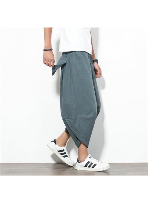 Mens Summer Linen Lantern Shorts Loose Capri Trendy Wide Leg Gray K25 solid color