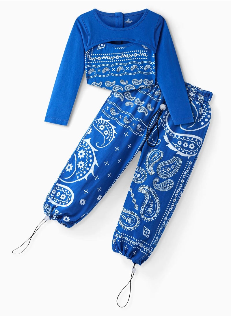 Ollington St. - 100% Cotton Full Sleeves Crop Top & Joggers Co-ord Set With Bandana Print - Blue