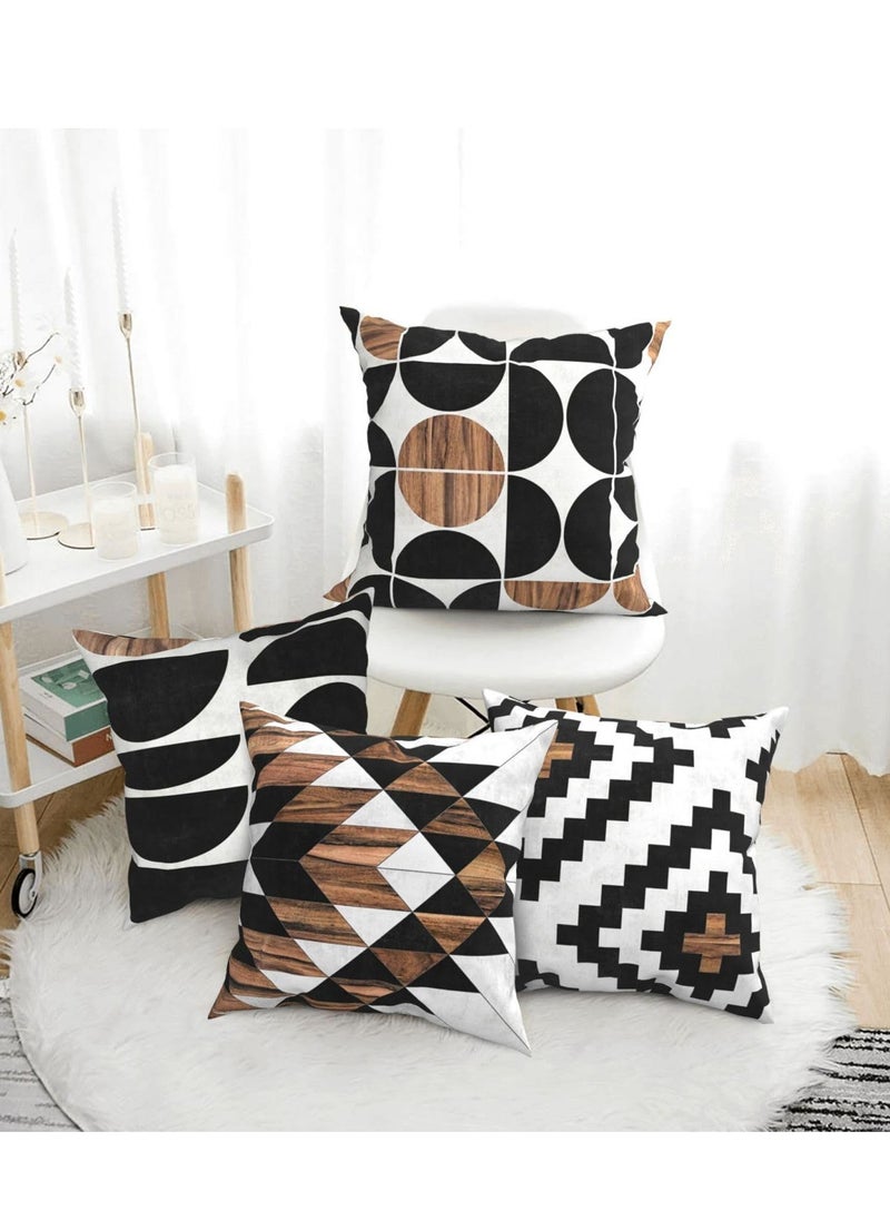 Mid Century Pillow Covers 18 x 18 Set of 4 Midcentury Modern Aztec Concrete Wood Pattern Throw Pillow Cover Black White Pillowcase Home Decor Cushion Covers