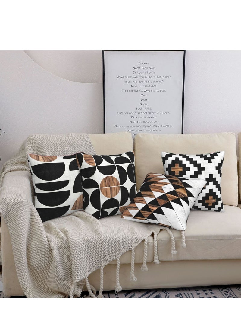 Mid Century Pillow Covers 18 x 18 Set of 4 Midcentury Modern Aztec Concrete Wood Pattern Throw Pillow Cover Black White Pillowcase Home Decor Cushion Covers