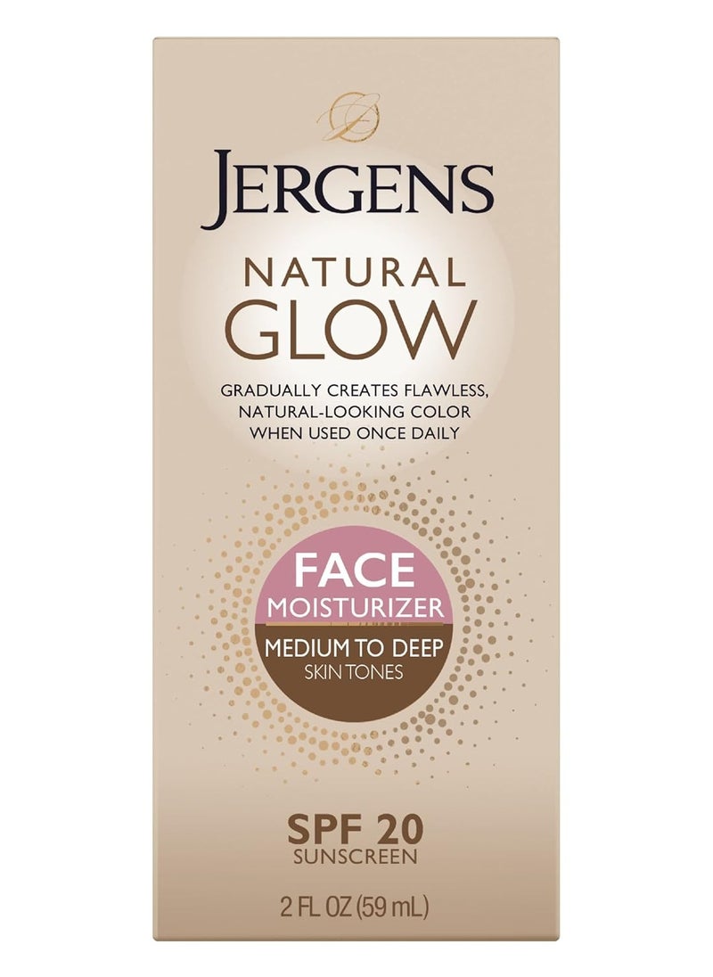 Jergens Natural Glow Self Tanner Face Moisturizer, SPF 20 Facial Sunscreen, Medium to Deep Skin Tone, Sunless Tanning, Oil Free, Broad Spectrum Protection UVA and UVB, 2 oz (Packaging May Vary)