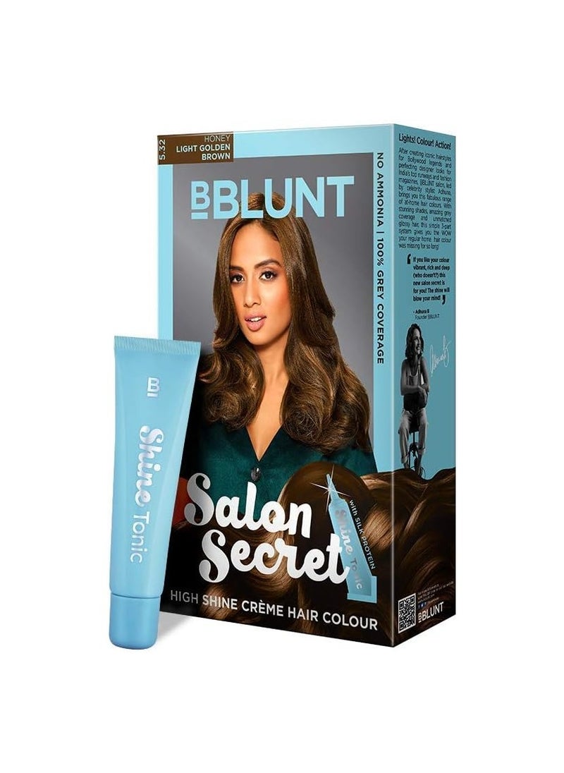 BBLUNT Salon Secret Shine Creme Hair Colour, Honey Light Golden Brown 5.32, 100g with Shine Tonic, 8ml