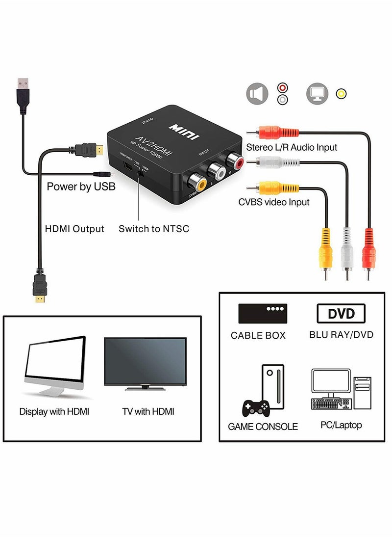 RCA to HDMI, AV to HDMI CVBS to HDMI Converter, CVBS RAC Audio and Video Adapter Supporting PAL/NTSC for TV/PC/ PS3/ STB/Xbox VHS/VCR/Blue-Ray DVD Players (Black)