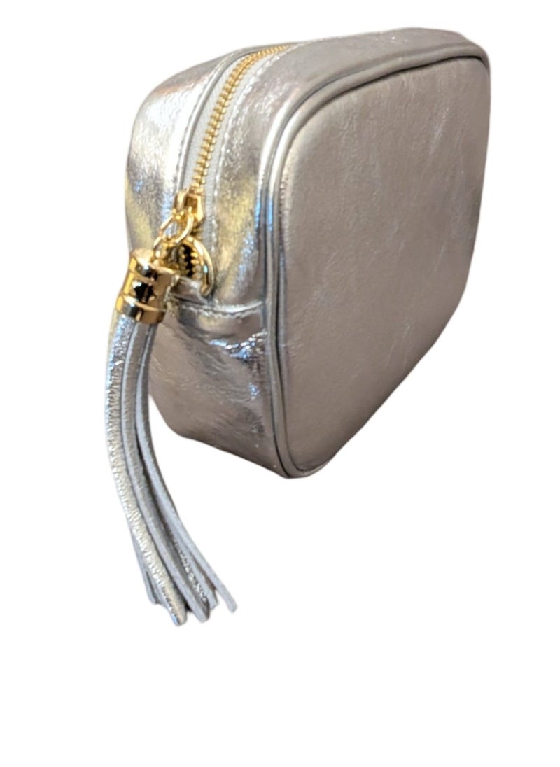 Silver, Genuine leather shoulder bag, Made In Italy