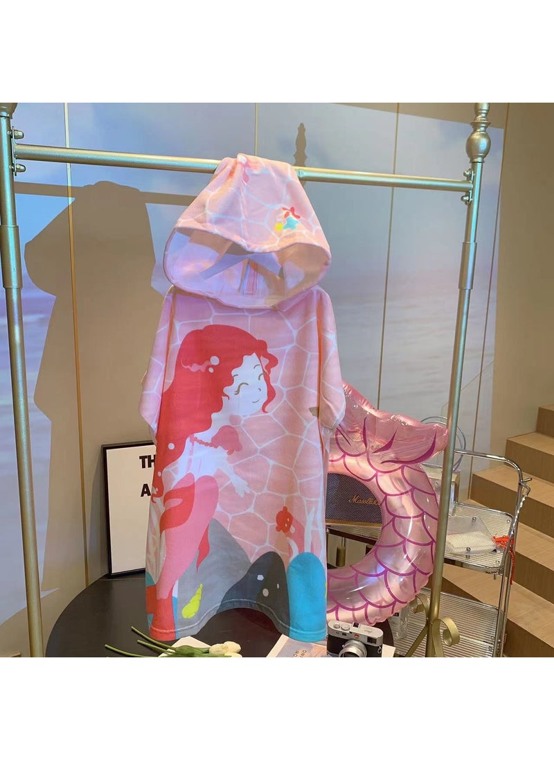 Cartoon Hooded Childrens Bath Towel Cape Pink Mermaid (send waterproof backpack)