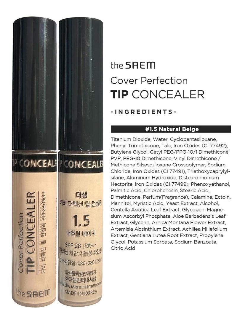 THE SAEM Cover Perfection Tip Concealer, Liquid Multi-Use Concealer, Full Coverage Makeup for Acne Dark Spots Dark Circles Hyperpigmentation and Blemishes, 0.2 fl. oz. (#1.5 Natural Beige)