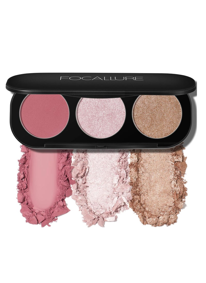 FOCALLURE Blush and Highlighter Palette,3 in 1 Makeup Powder, Cruelty-Free Matte, Shimmer Illuminator for a Glowing Look,#03