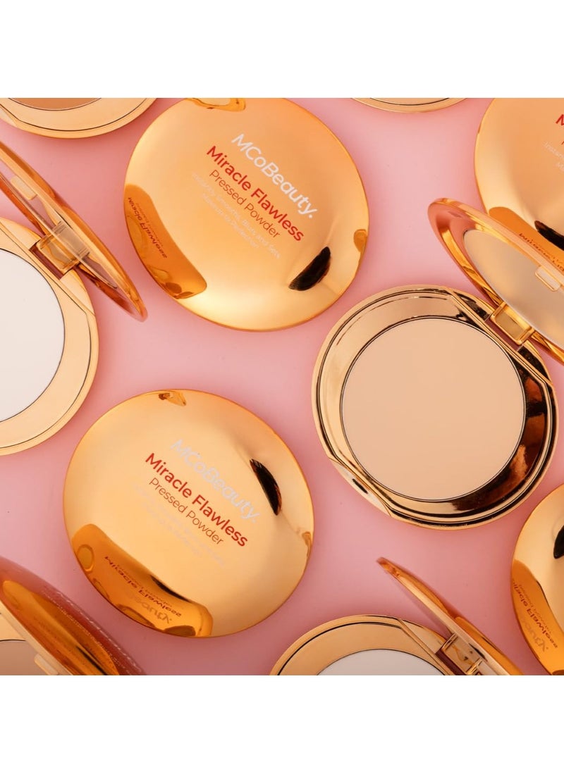 MCoBeauty Miracle Flawless Pressed Powder, Natural Medium Shade, Oil-Control, Soft-Focus Finish with Hydrating Rose Flower Extract & Sweet Almond Oil, Vegan, Cruelty Free Cosmetics