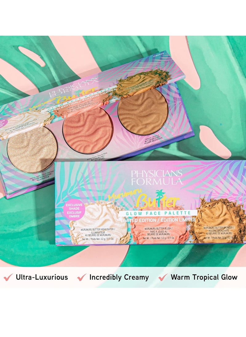 Physicians Formula Murumuru Butter Bronzer Face Powder Makeup Set, Includes Nourishing Butter Bronzer, Highlighter, Blush, Dermatologist Tested, Vegan & Cruelty-Free - Glow Face Palette