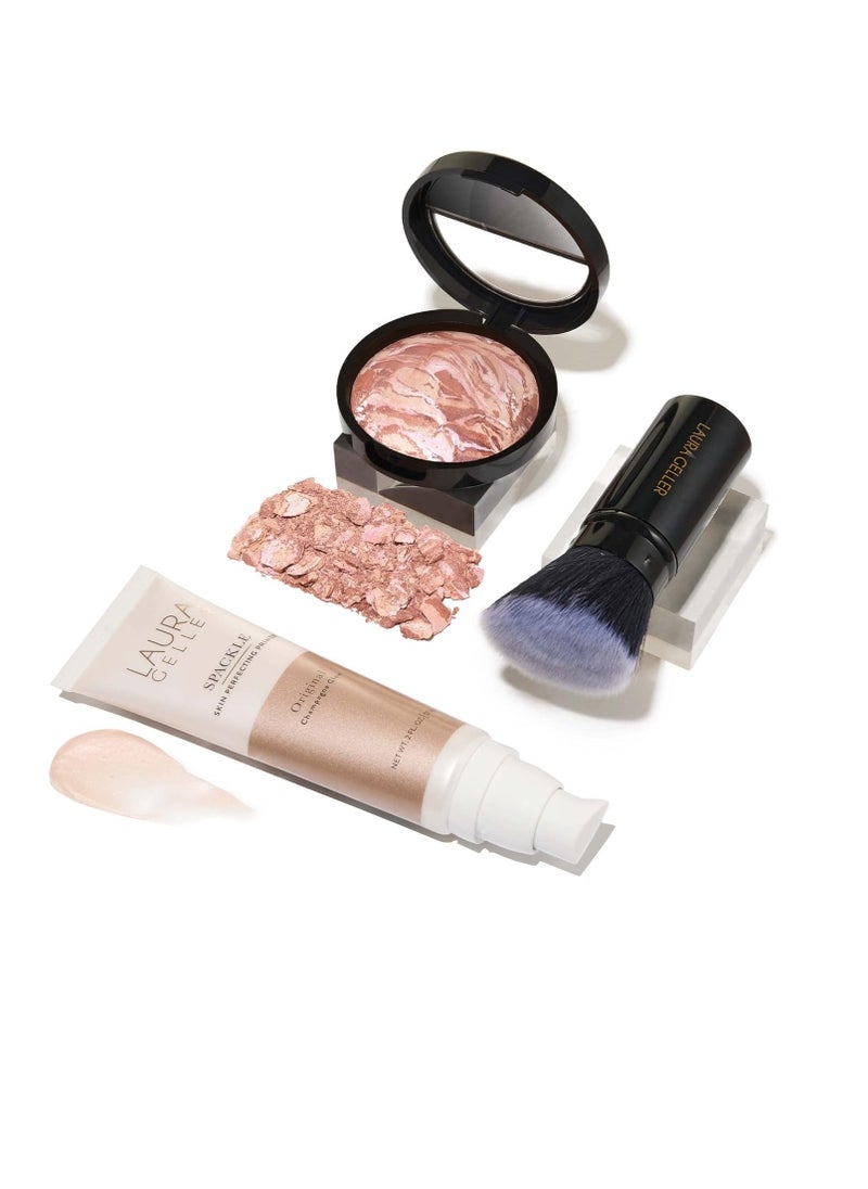 LAURA GELLER NEW YORK Ready-n-Radiant Kit (3 PC) - Baked Bronze-n-Brighten, Fair + Spackle Super-Size Skin Perfecting Primer, Champagne Glow + Retractable Angled Kabuki Brush