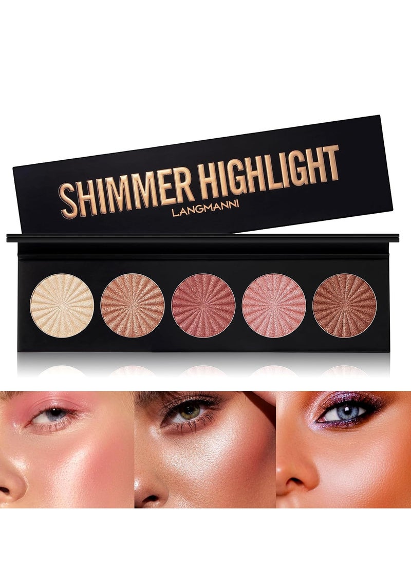 Highlighter Powder Palette, Makeup Palette Facial Bronzers Illuminator Palette Highlighter Baked Waterproof Long Lasting Brilliant Lighten Skin Color (5 Color, 1 Count (Pack of 1))