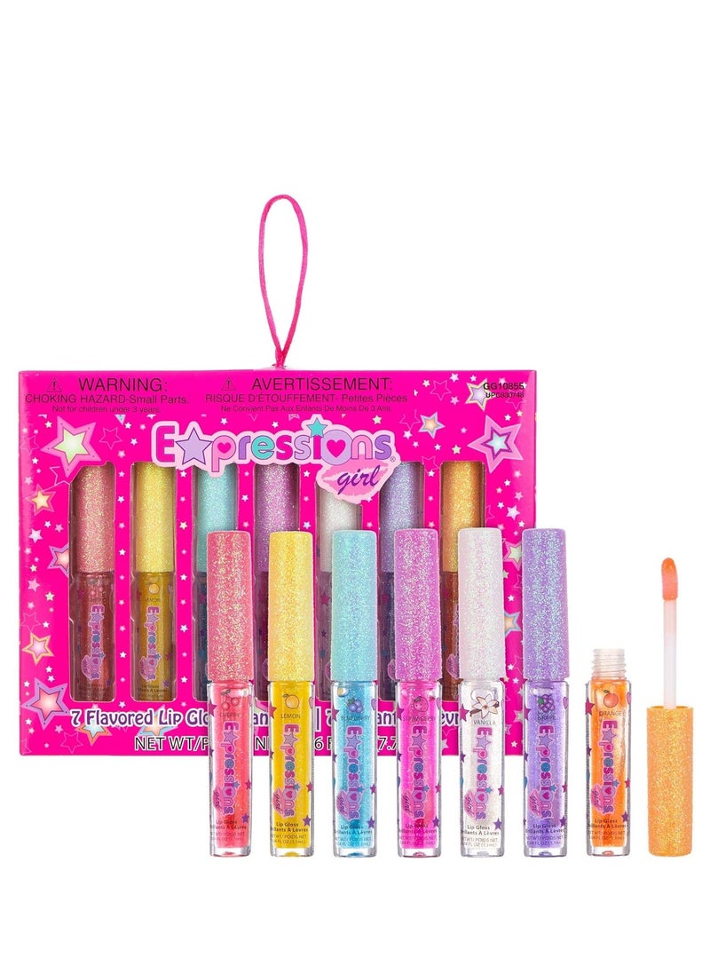 Expressions 7pc Fruity Flavored Lip Gloss Set - Lip Gloss in Assorted Fruity Flavors, Non Toxic Makeup for Kids & Teens