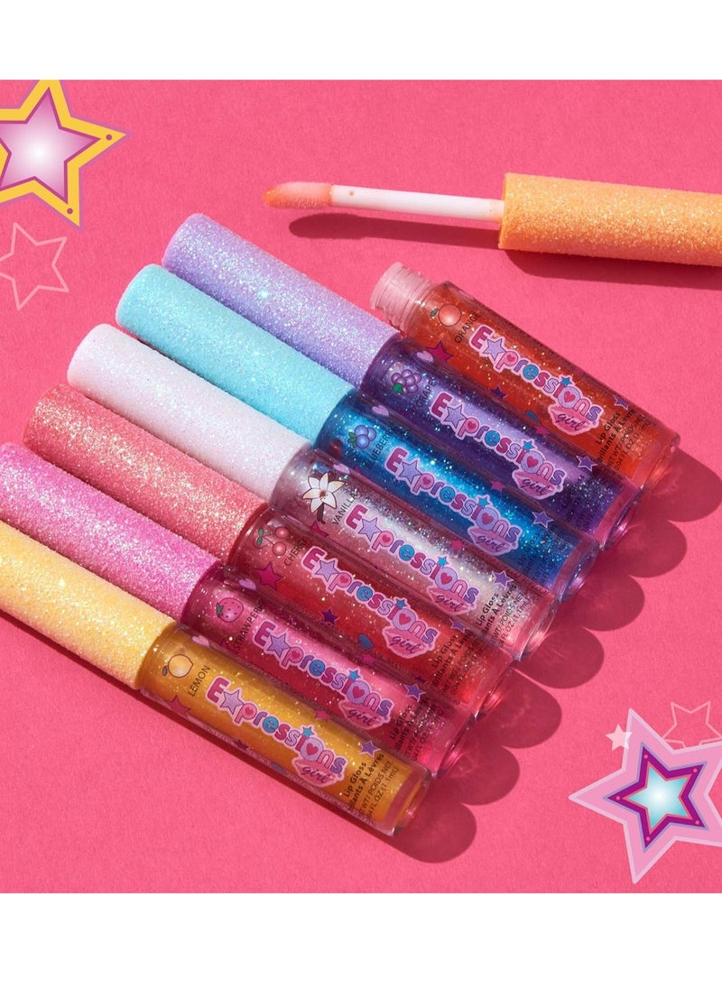 Expressions 7pc Fruity Flavored Lip Gloss Set - Lip Gloss in Assorted Fruity Flavors, Non Toxic Makeup for Kids & Teens