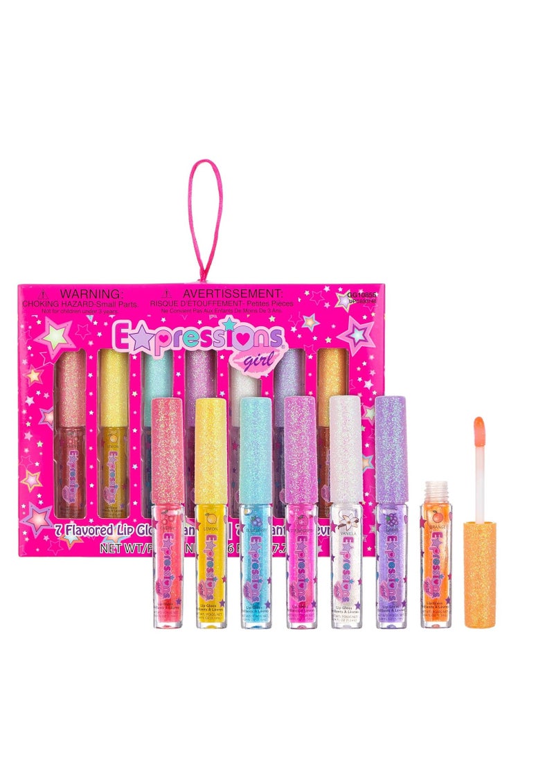 Expressions 7pc Fruity Flavored Lip Gloss Set - Lip Gloss in Assorted Fruity Flavors, Non Toxic Makeup for Kids & Teens