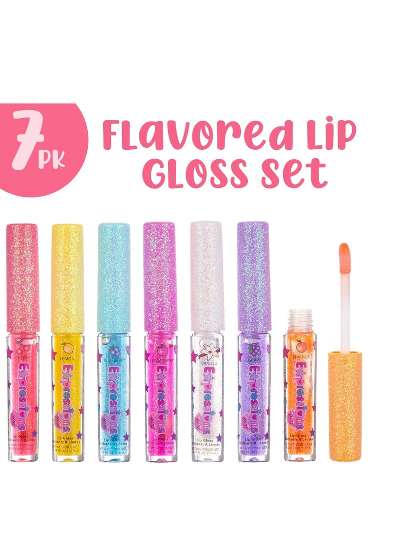 Expressions 7pc Fruity Flavored Lip Gloss Set - Lip Gloss in Assorted Fruity Flavors, Non Toxic Makeup for Kids & Teens